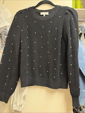 Michael Stars Black Waffle-Knit Crew Sweater with Pearl Dots